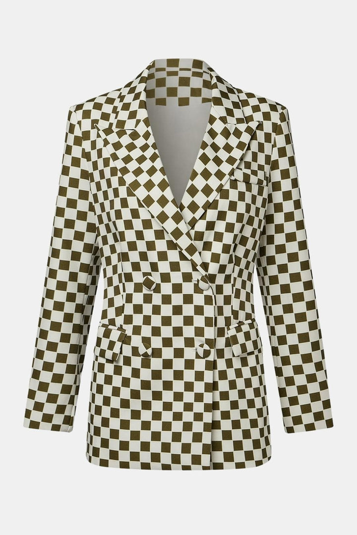 Women's Single-Button Check Pattern Blazer with Notched Lapels and Long Sleeves