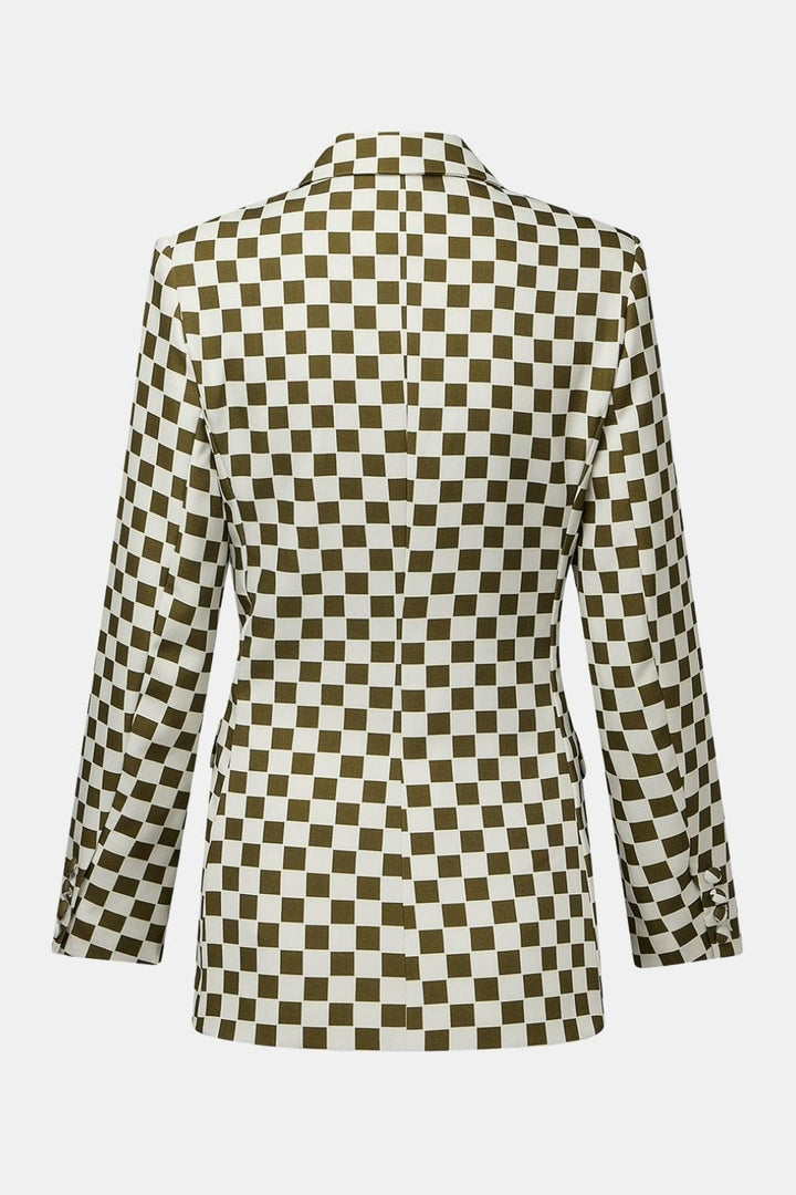 Women's Single-Button Check Pattern Blazer with Notched Lapels and Long Sleeves