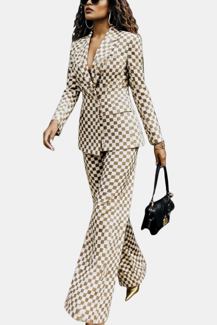 Women's Single-Button Check Pattern Blazer with Notched Lapels and Long Sleeves