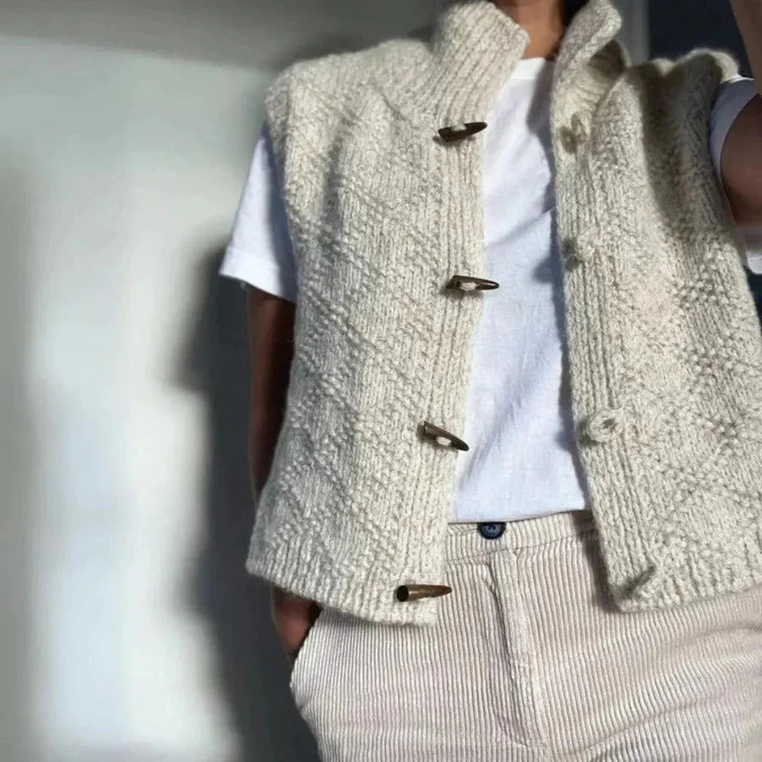 Women's Sleeveless Toggle-Front Cardigan with Stand Collar