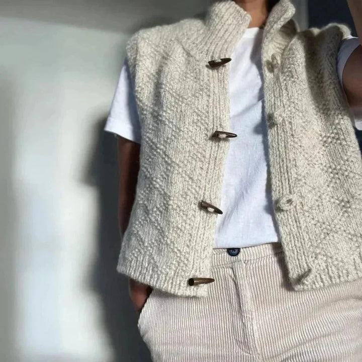 Women's Sleeveless Toggle-Front Cardigan with Stand Collar