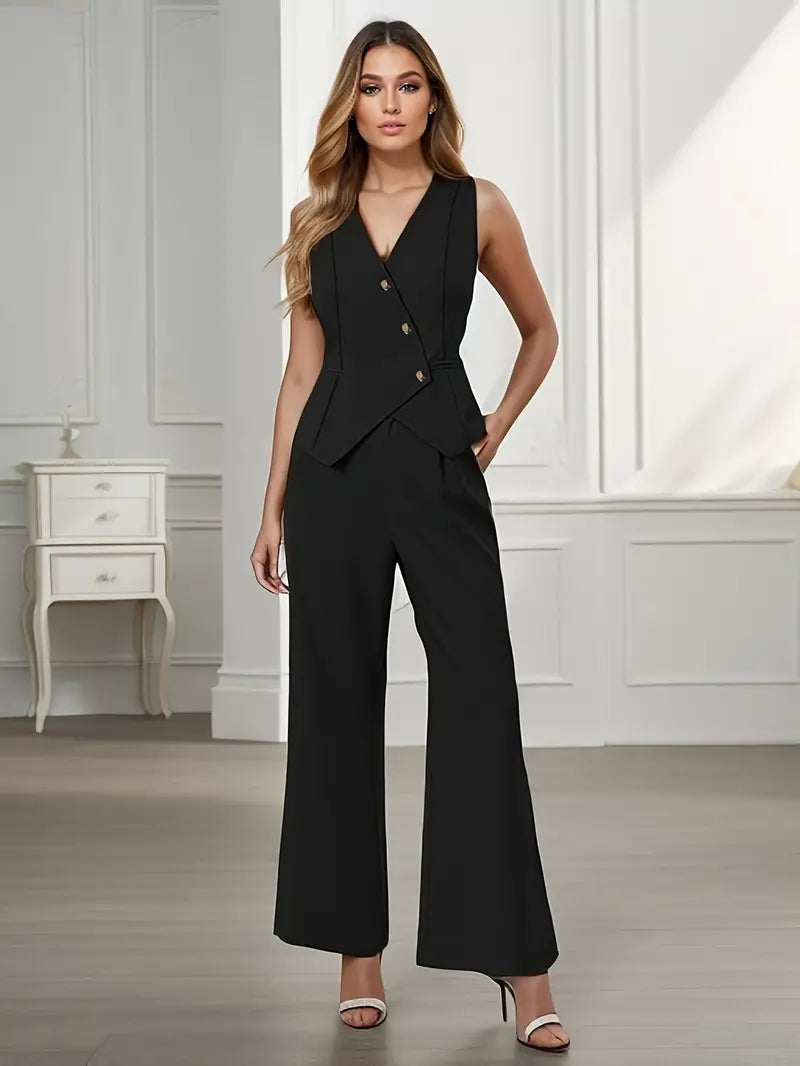 Women's Sleeveless Two-Piece Set with Asymmetric Top and Wide-Leg Trousers