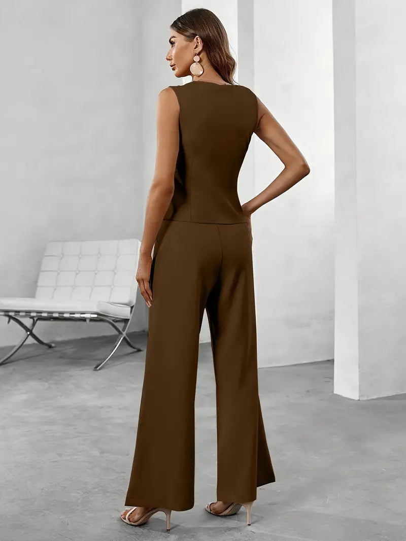 Women's Sleeveless Two-Piece Set with Asymmetric Top and Wide-Leg Trousers