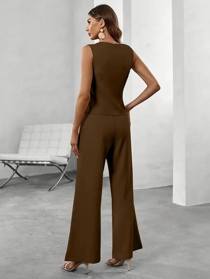 Women's Sleeveless Two-Piece Set with Asymmetric Top and Wide-Leg Trousers