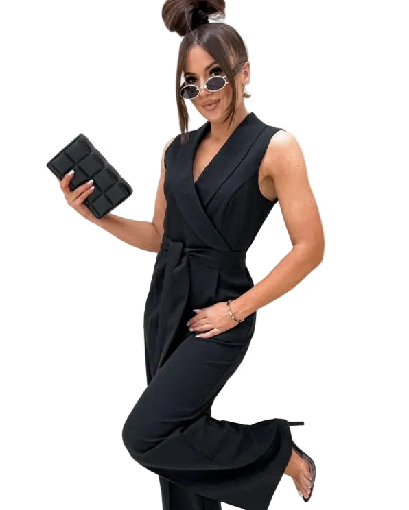 Women's Sleeveless Wrap Jumpsuit with Tie Belt and Wide Leg