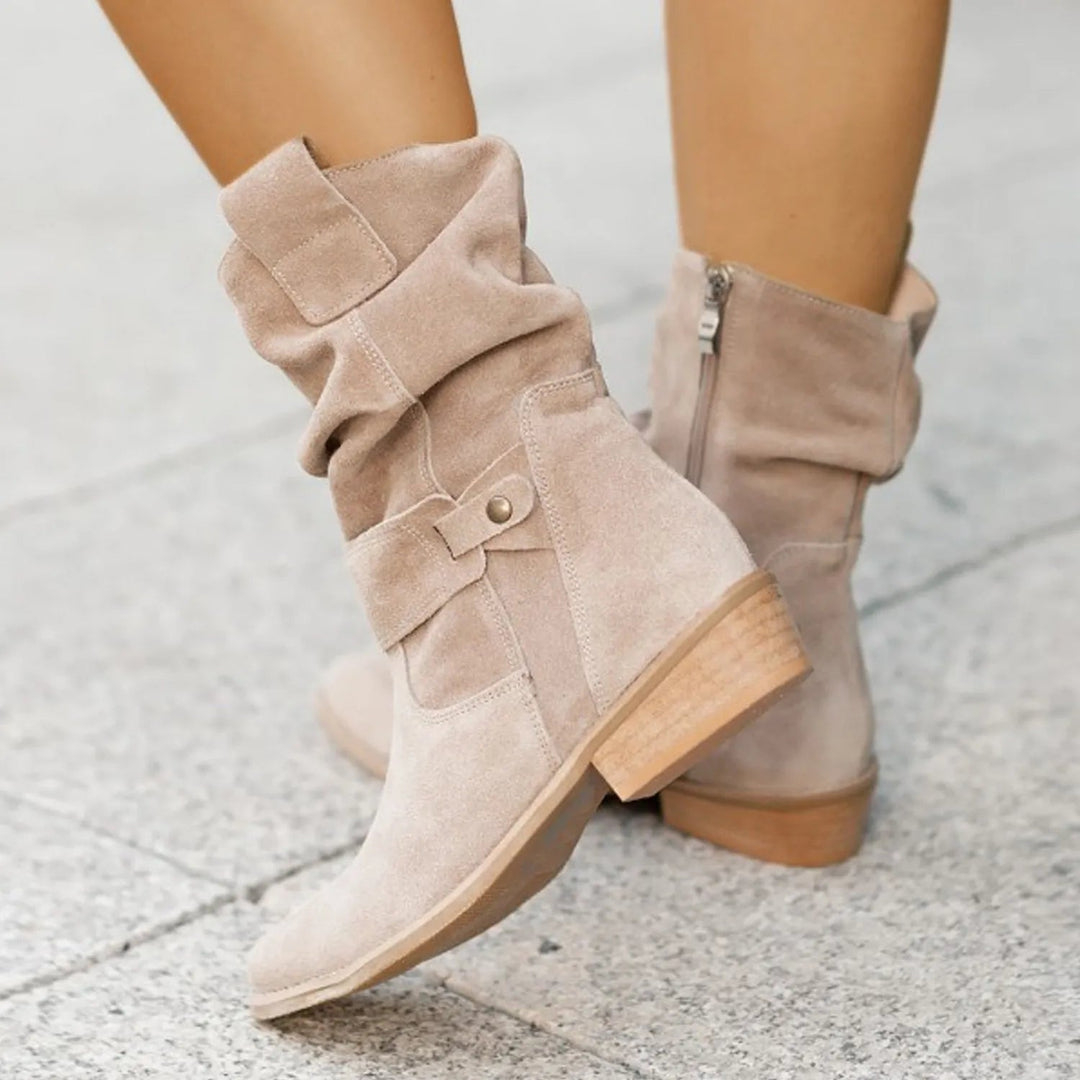 Women's Slouchy Ankle Boots with Gathered Shaft and Low Block Heel