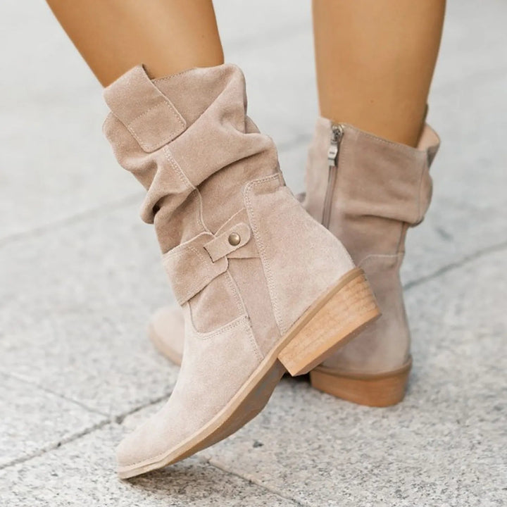 Women's Slouchy Ankle Boots with Gathered Shaft and Low Block Heel