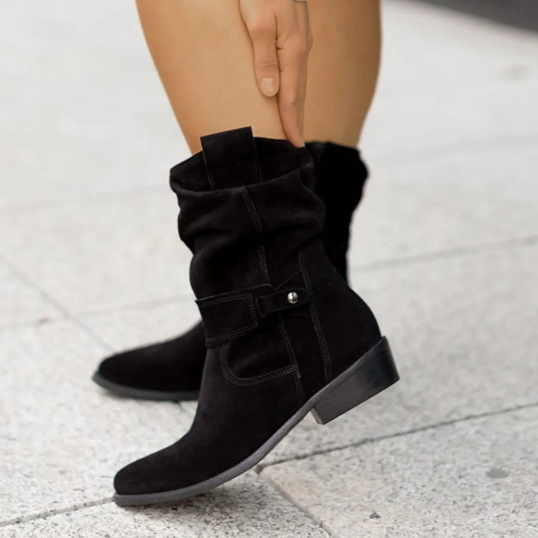 Women's Slouchy Ankle Boots with Gathered Shaft and Low Block Heel