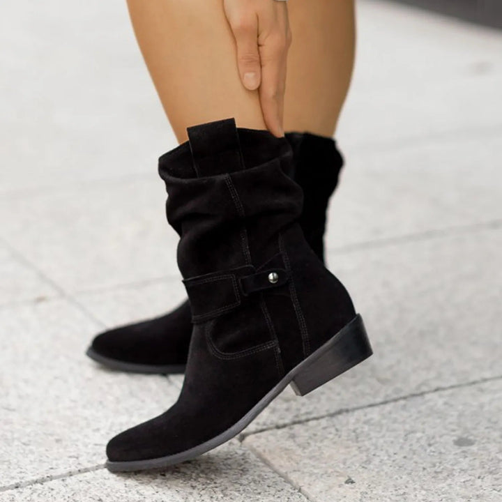 Women's Slouchy Ankle Boots with Gathered Shaft and Low Block Heel