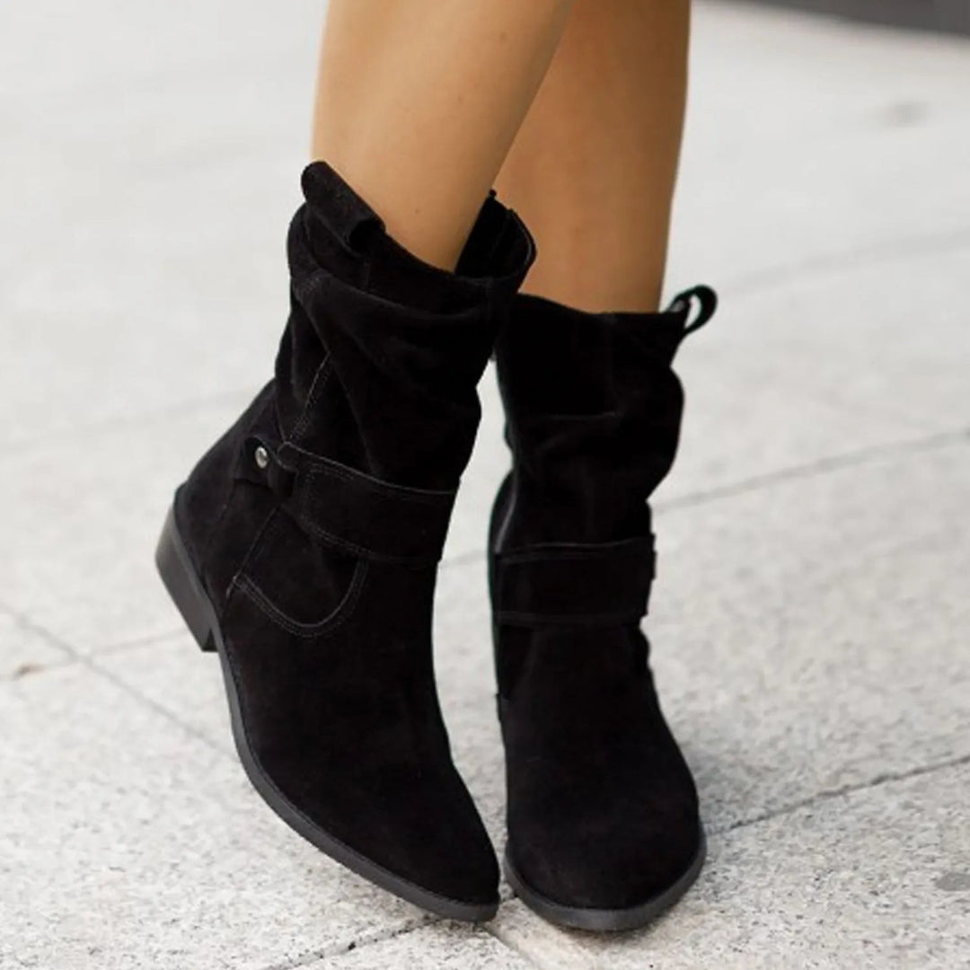 Women's Slouchy Ankle Boots with Gathered Shaft and Low Block Heel