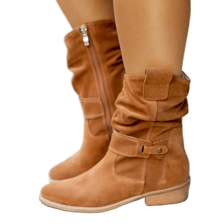 Women's Slouchy Ankle Boots with Gathered Shaft and Low Block Heel