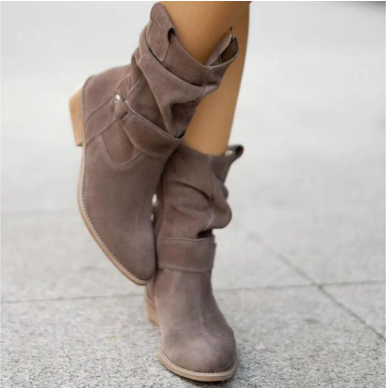 Women's Slouchy Ankle Boots with Gathered Shaft and Low Block Heel