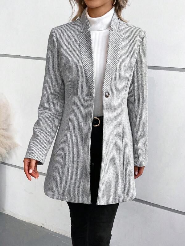 Women's Stand Collar Coat with Single-Button Closure and Herringbone Pattern