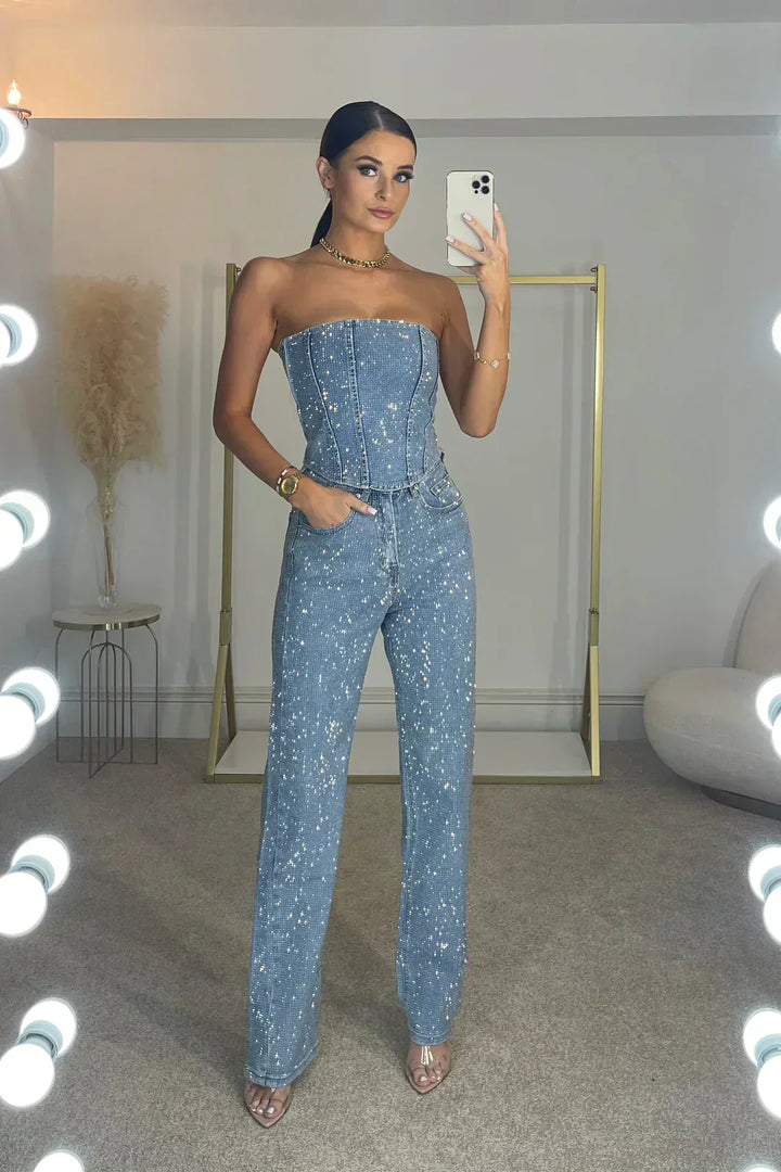 Women's Strapless Glitter Jumpsuit with Straight Leg Set