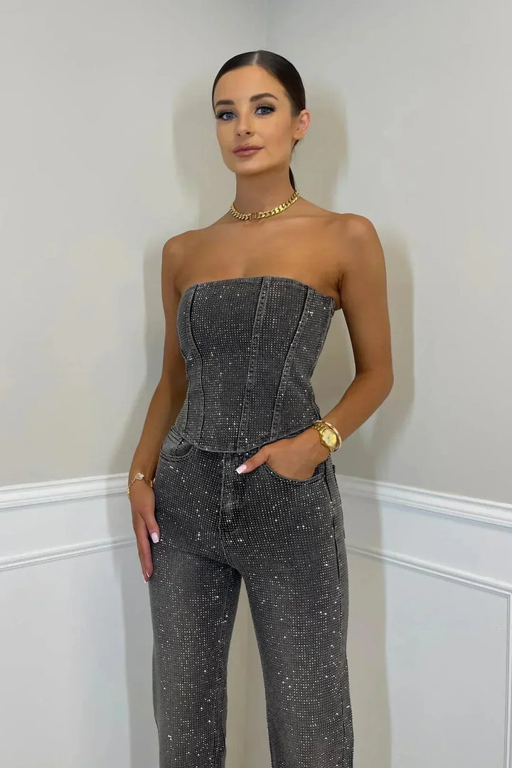 Women's Strapless Glitter Jumpsuit with Straight Leg Set