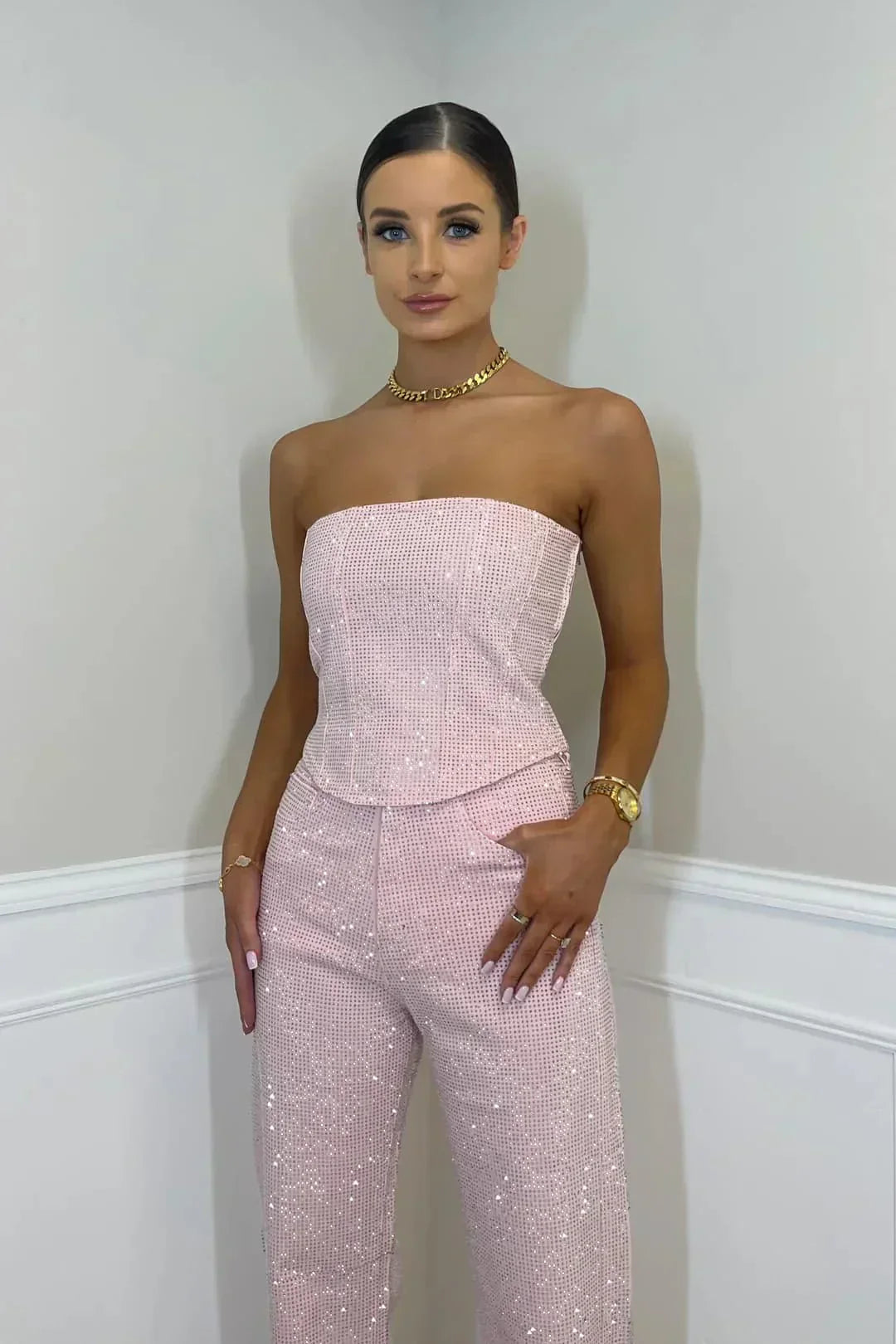 Women's Strapless Glitter Jumpsuit with Straight Leg Set
