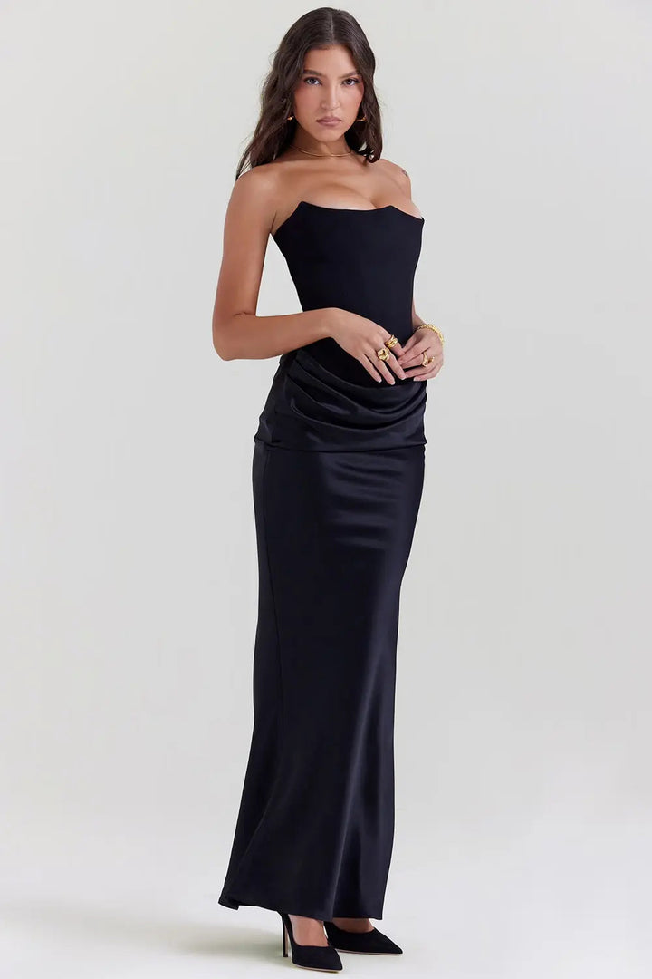 Women's Strapless Maxi Dress with Straight Neckline and Side Slit