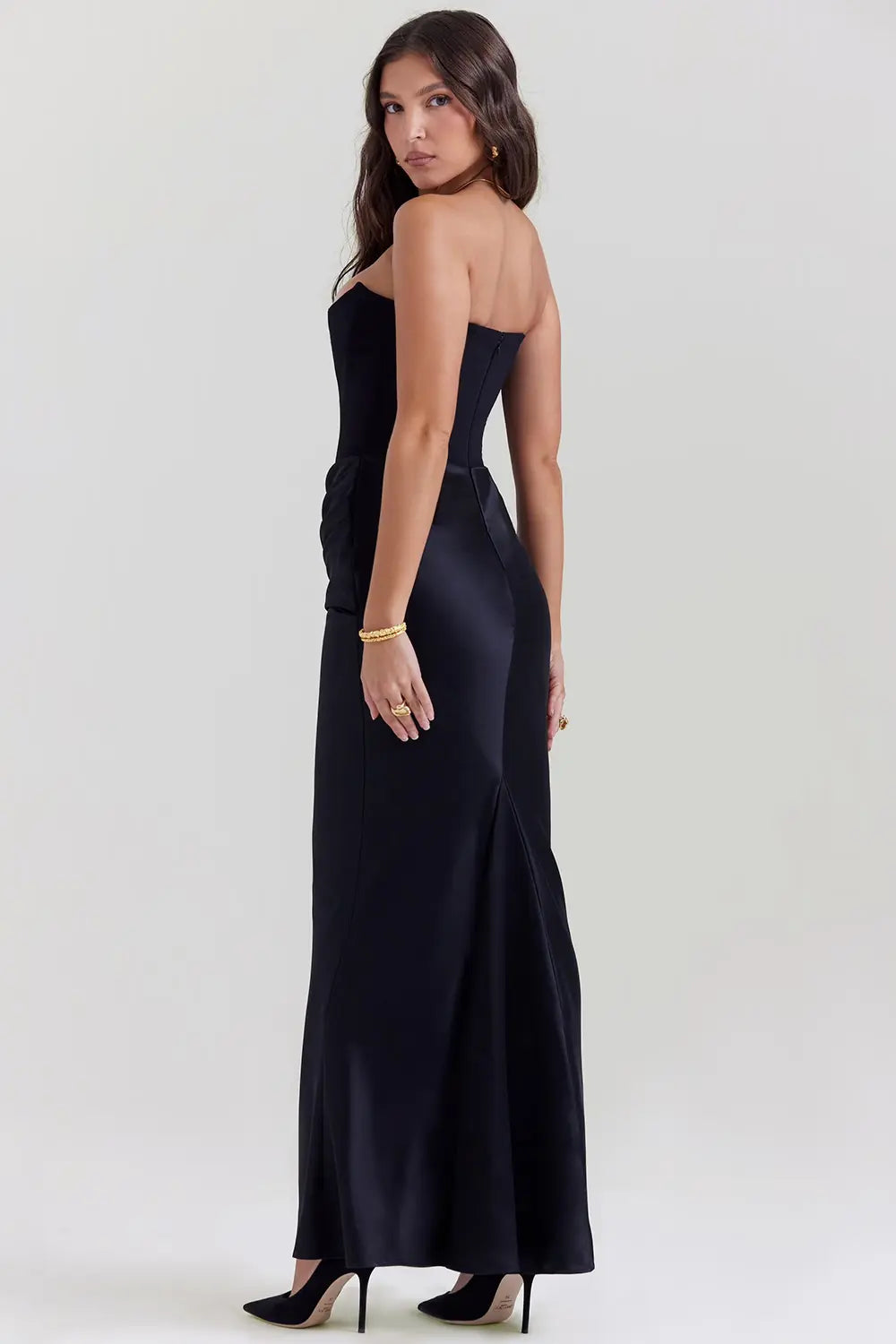 Women's Strapless Maxi Dress with Straight Neckline and Side Slit