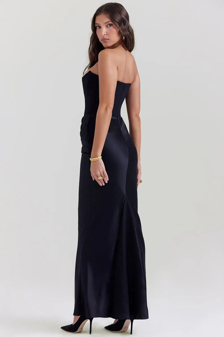 Women's Strapless Maxi Dress with Straight Neckline and Side Slit