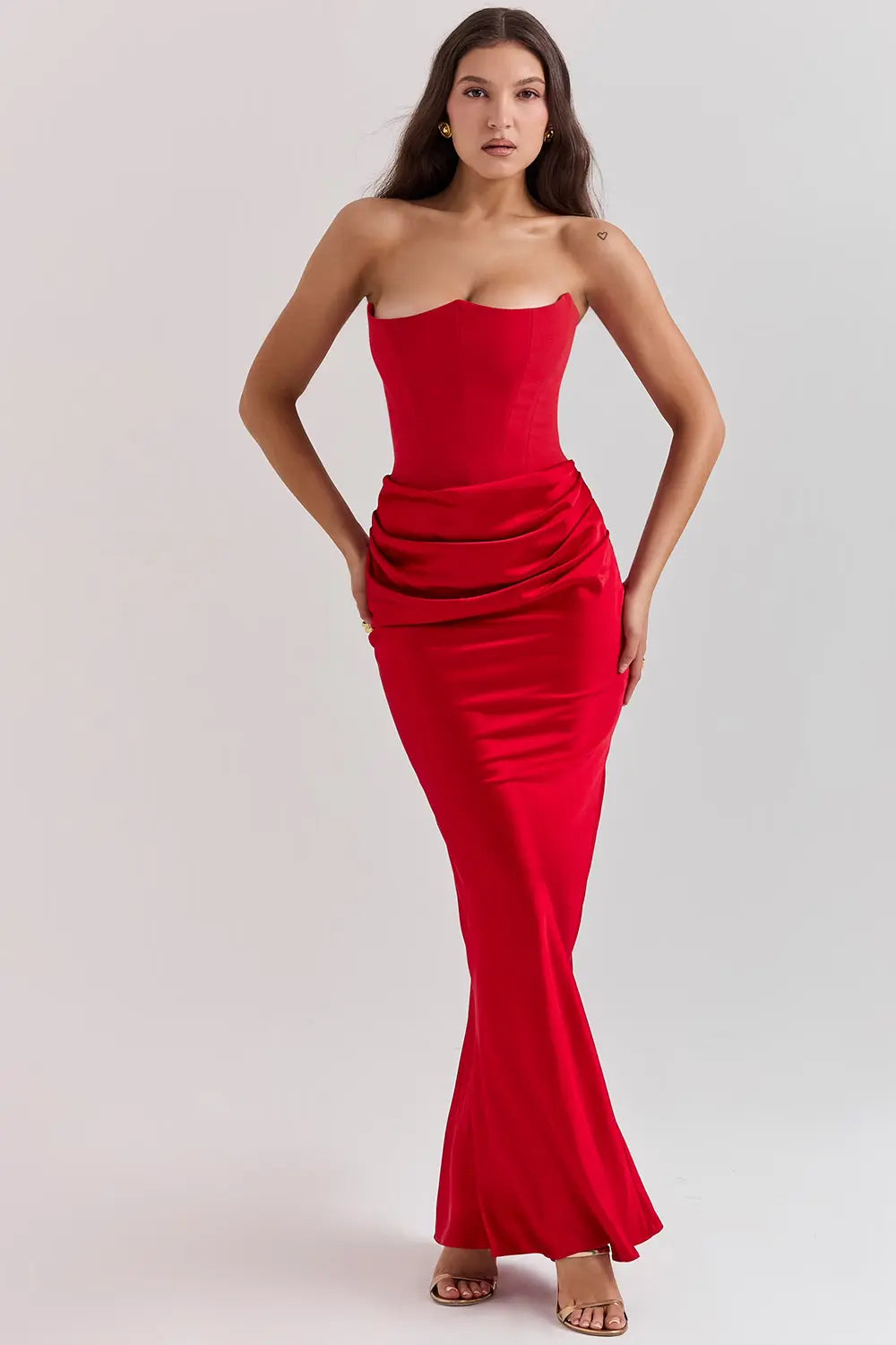 Women's Strapless Maxi Dress with Straight Neckline and Side Slit