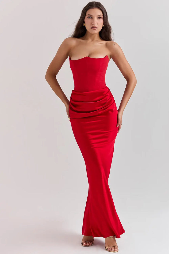 Women's Strapless Maxi Dress with Straight Neckline and Side Slit