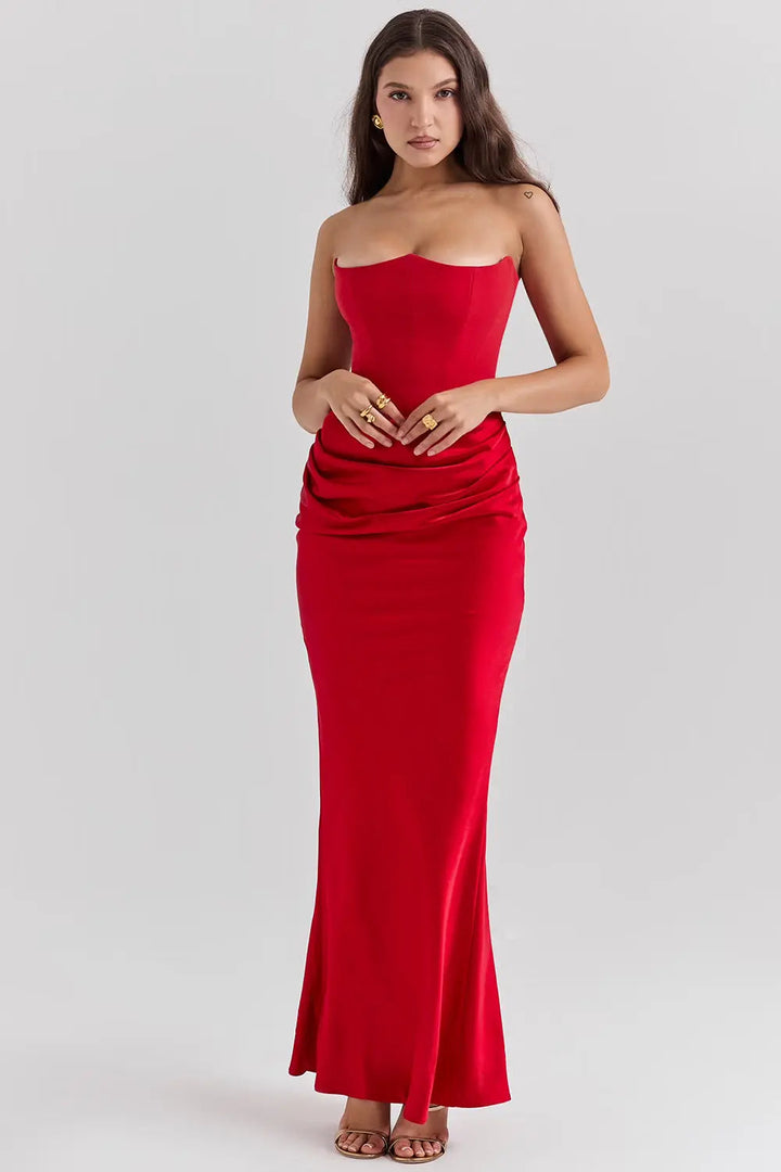 Women's Strapless Maxi Dress with Straight Neckline and Side Slit
