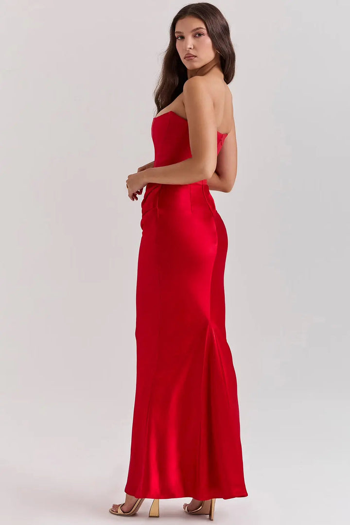 Women's Strapless Maxi Dress with Straight Neckline and Side Slit