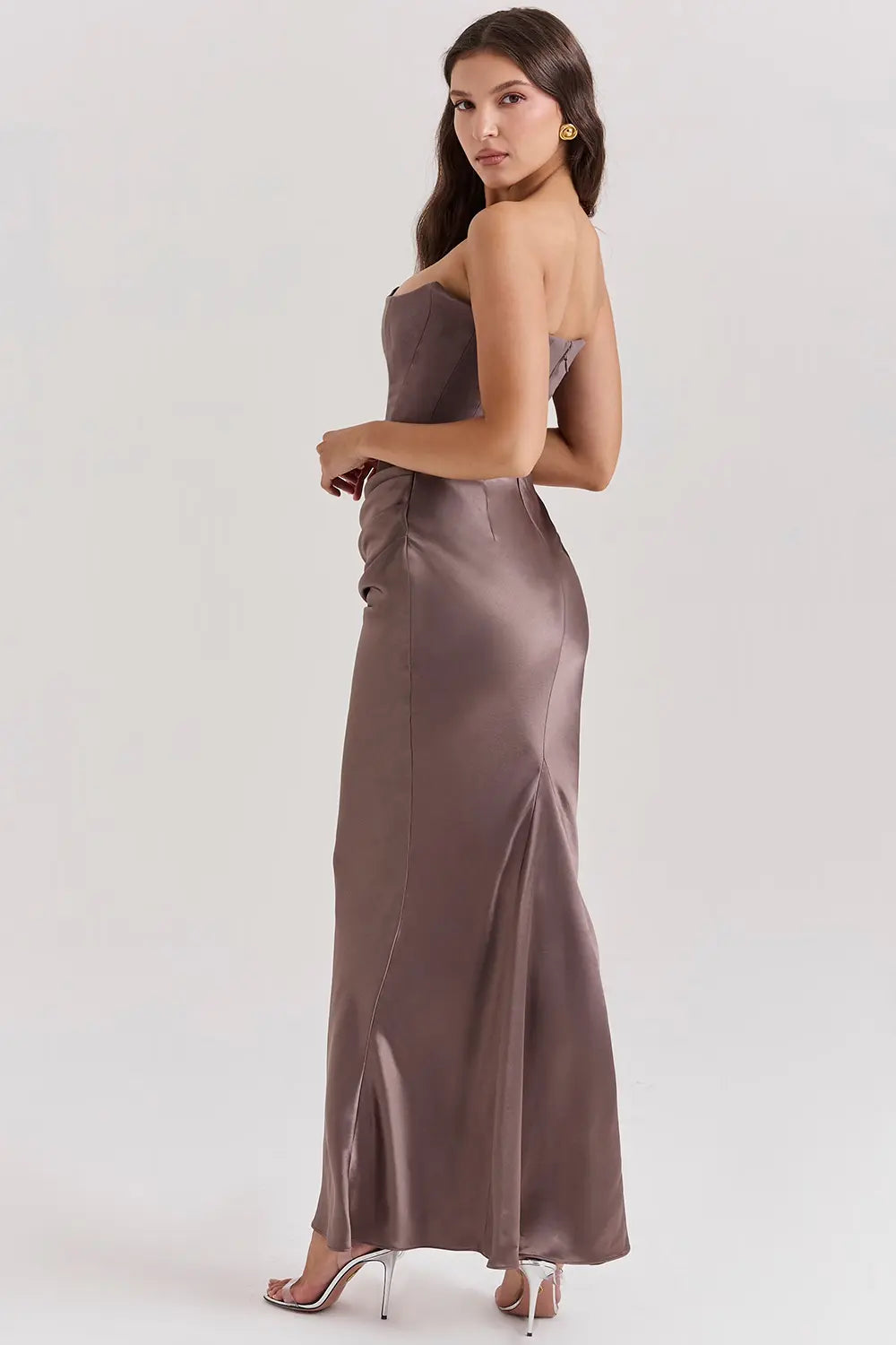 Women's Strapless Maxi Dress with Straight Neckline and Side Slit