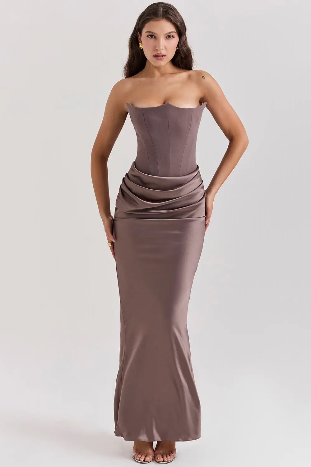 Women's Strapless Maxi Dress with Straight Neckline and Side Slit