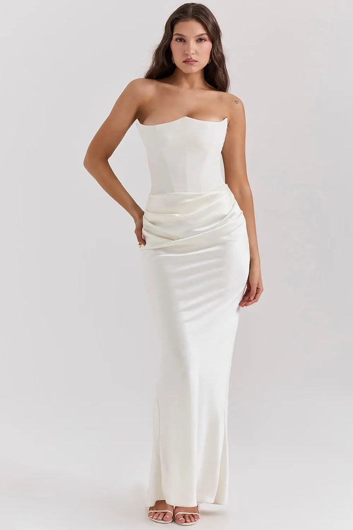 Women's Strapless Maxi Dress with Straight Neckline and Side Slit