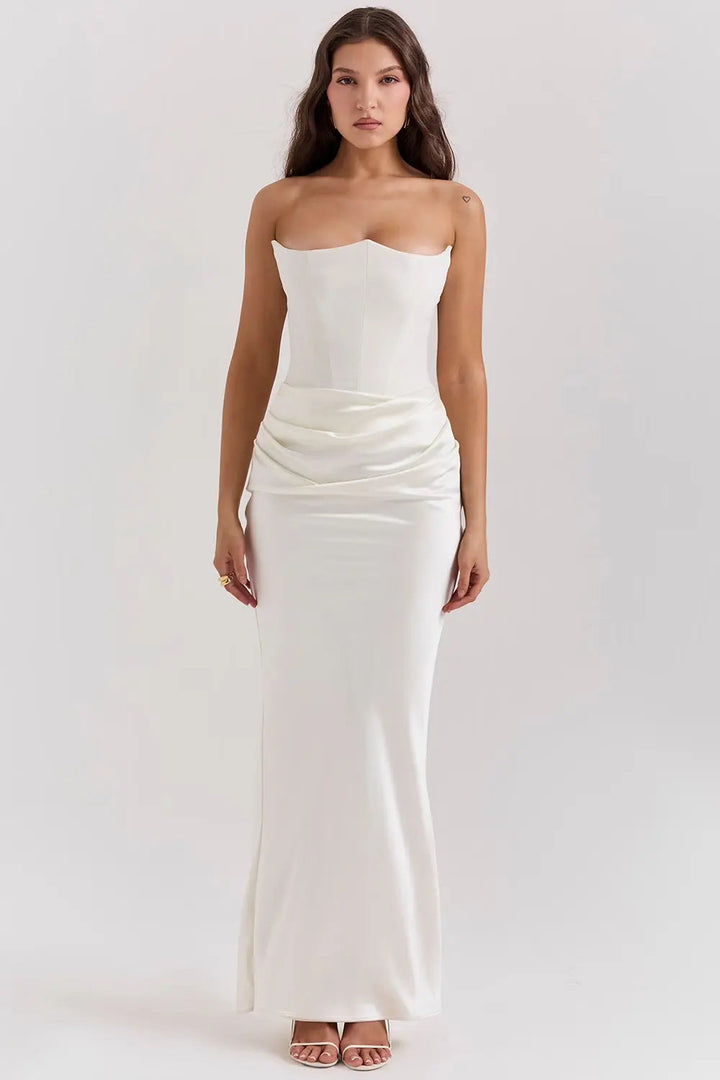Women's Strapless Maxi Dress with Straight Neckline and Side Slit