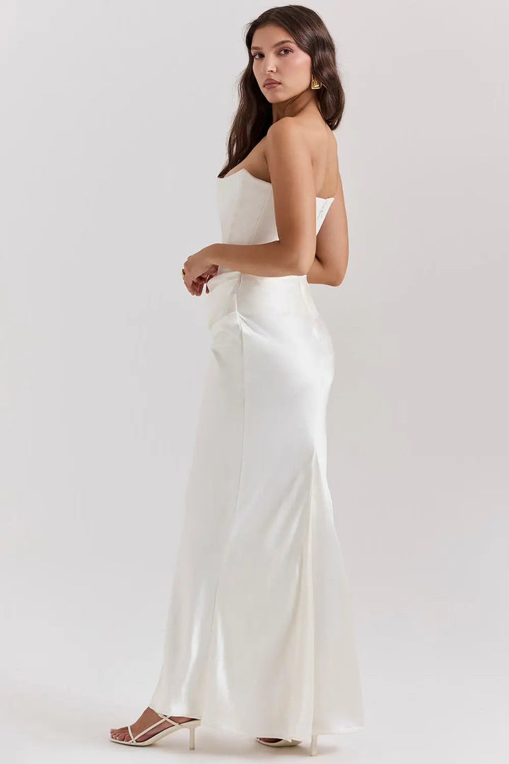 Women's Strapless Maxi Dress with Straight Neckline and Side Slit