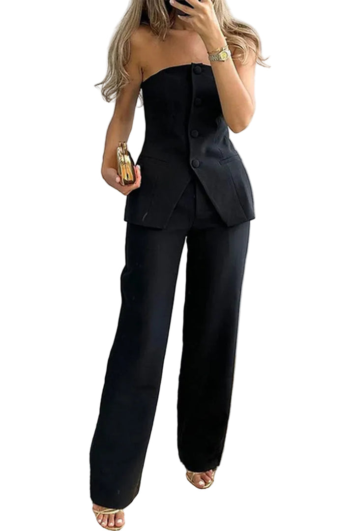Women's Strapless Two-Piece Set with Asymmetric Button Front and Wide-Leg Trousers