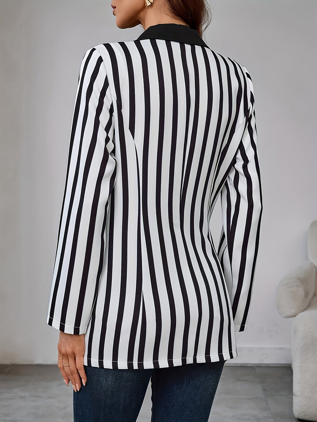 Women's Striped Jacket with Lapel Collar and Contrast Trim