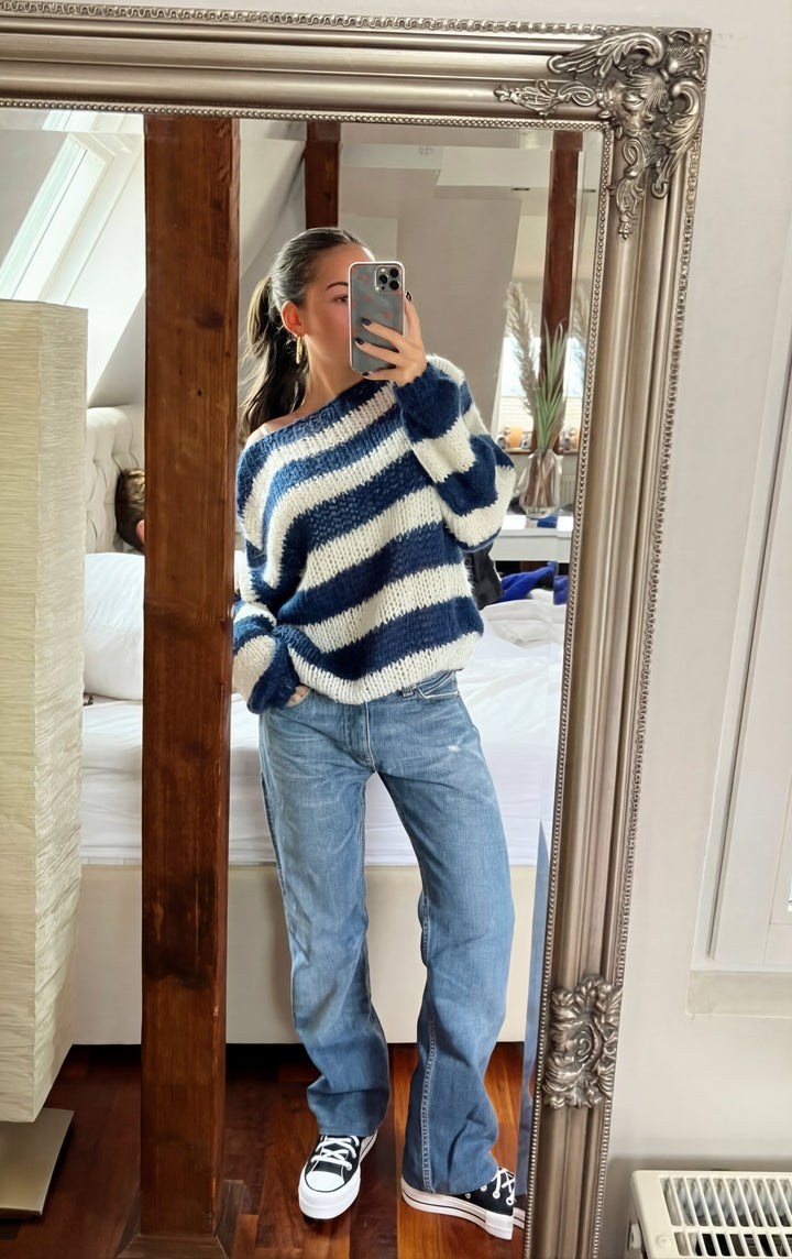 Women's Striped Jumper with Asymmetrical Shoulder and Long Sleeves
