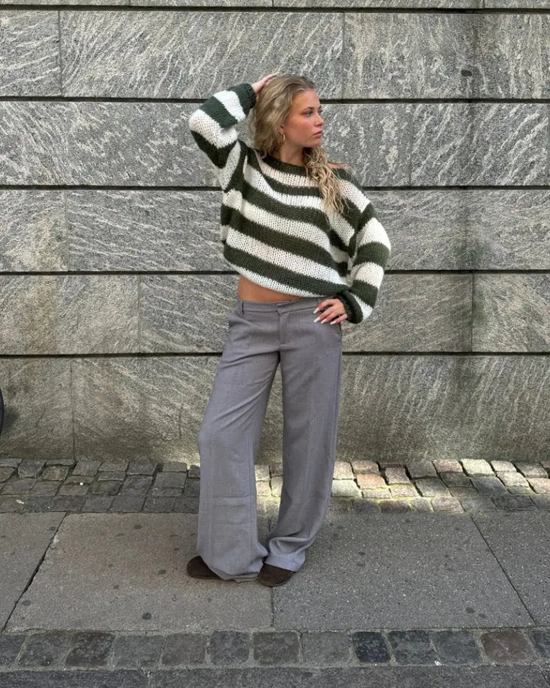Women's Striped Jumper with Asymmetrical Shoulder and Long Sleeves