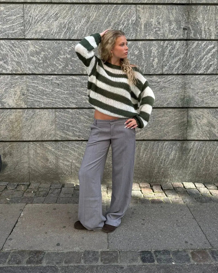 Women's Striped Jumper with Asymmetrical Shoulder and Long Sleeves