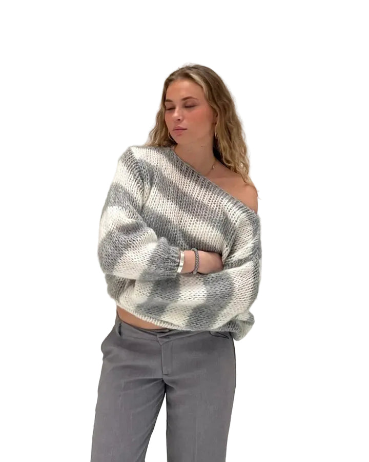Women's Striped Jumper with Asymmetrical Shoulder and Long Sleeves
