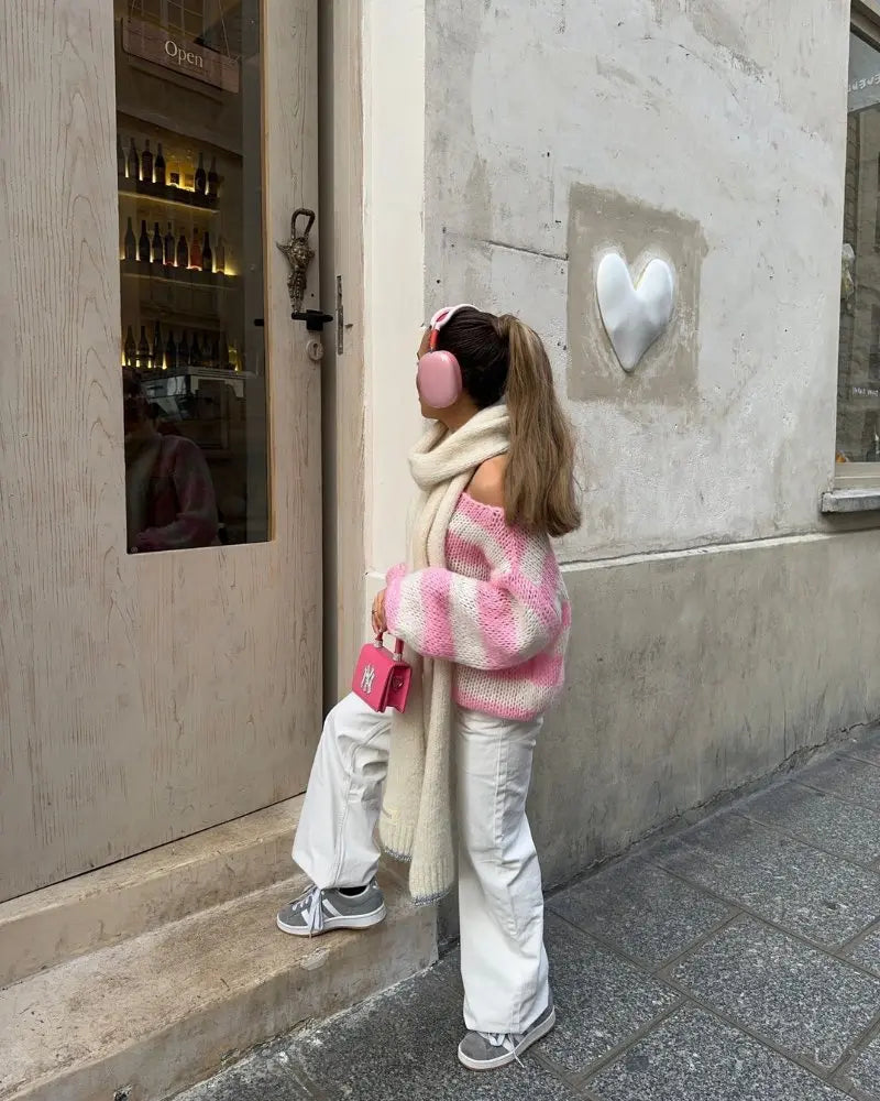 Women's Striped Jumper with Asymmetrical Shoulder and Long Sleeves