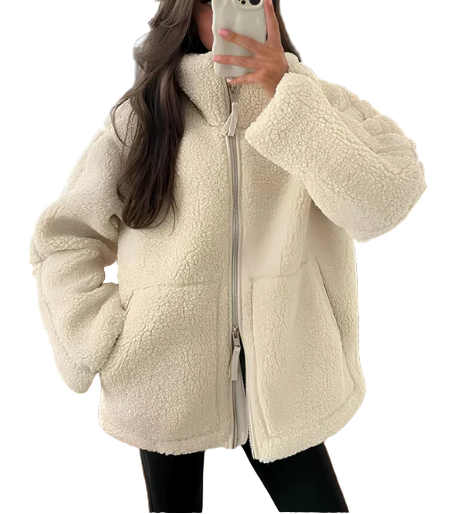 Women's Textured Fleece Jacket with Zip Front and Lapel Collar