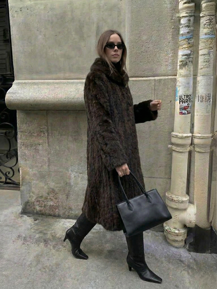 Women's Textured Fleece Maxi Coat with Notched Lapel Collar