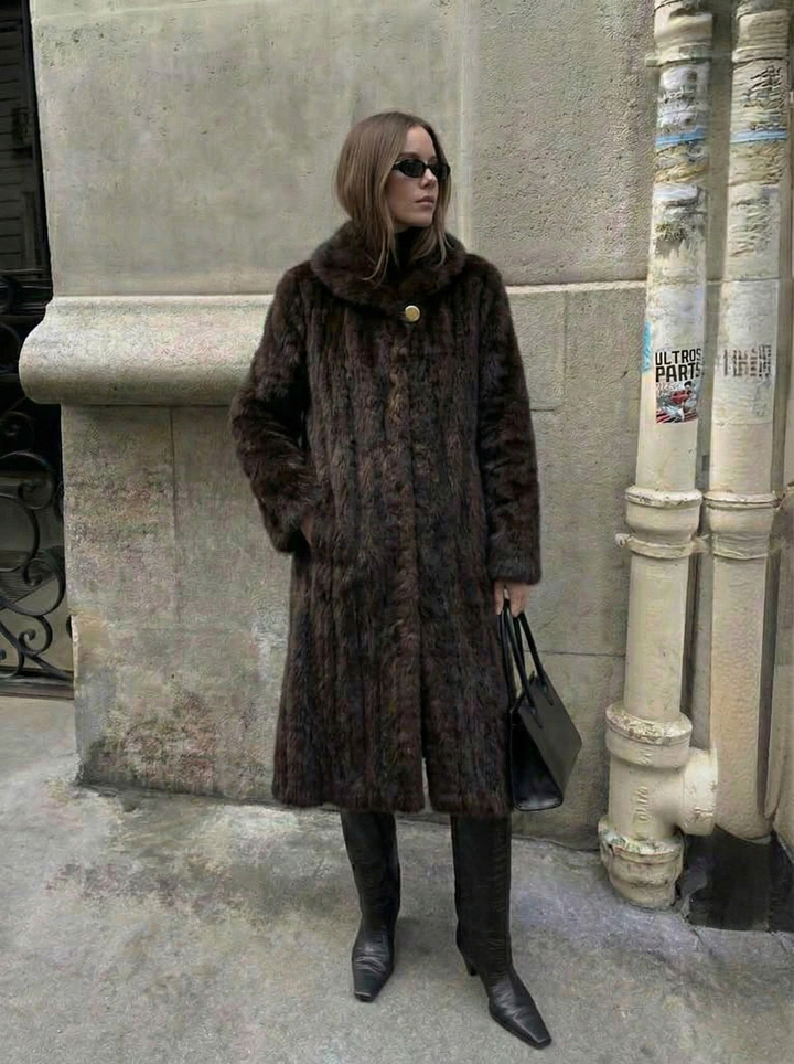 Women's Textured Fleece Maxi Coat with Notched Lapel Collar