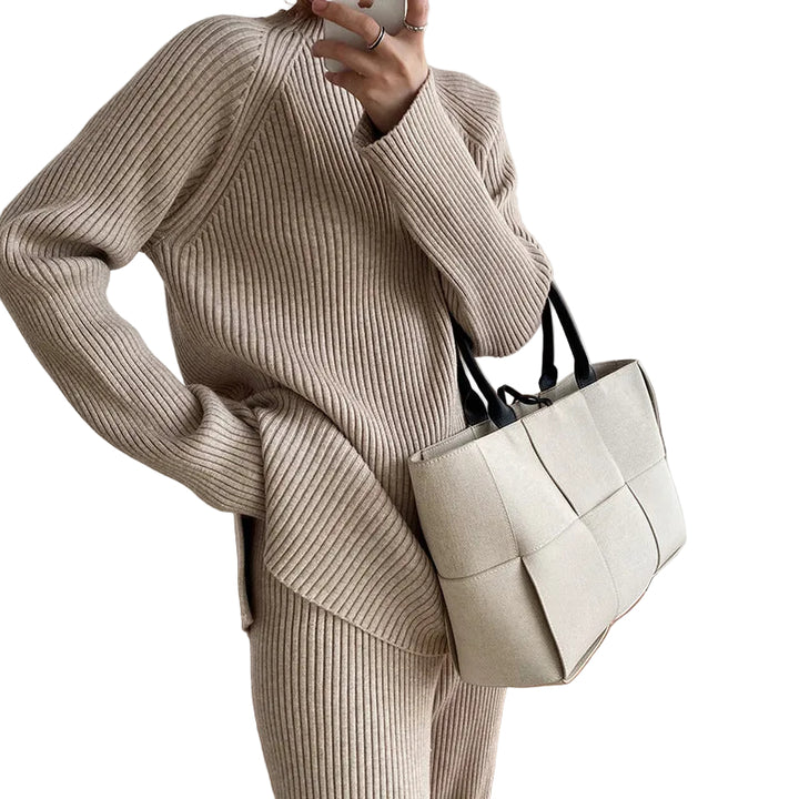 Women's Turtleneck Jumper and Wide-Leg Trousers Knit Set with Ribbed Texture
