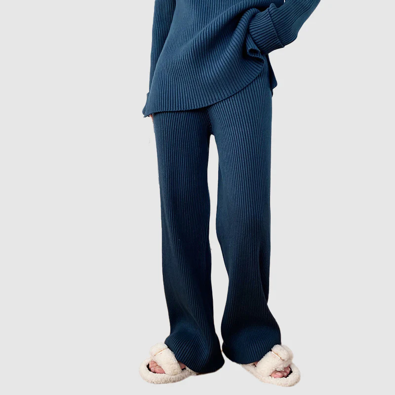 Women's Turtleneck Jumper and Wide-Leg Trousers Knit Set with Ribbed Texture