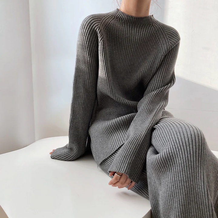 Women's Turtleneck Jumper and Wide-Leg Trousers Knit Set with Ribbed Texture