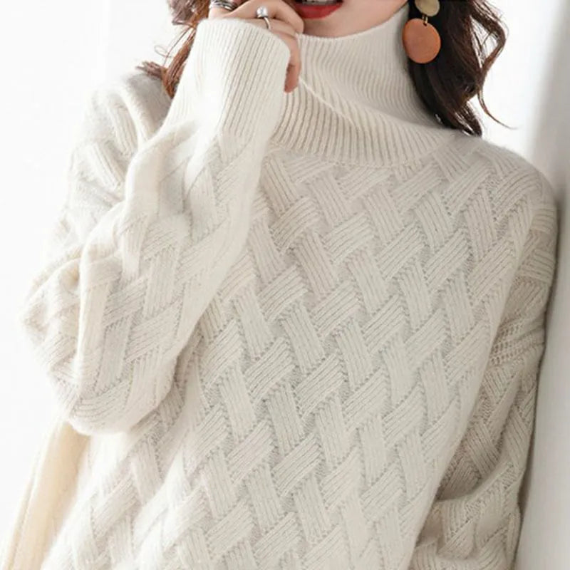 Women's Turtleneck Jumper with Cable Knit Texture and Long Sleeves