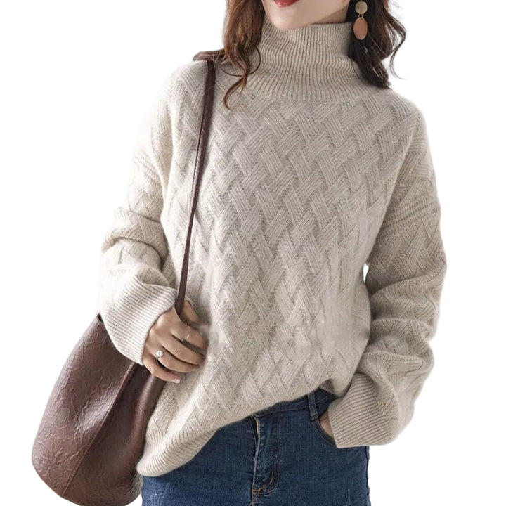 Women's Turtleneck Jumper with Cable Knit Texture and Long Sleeves