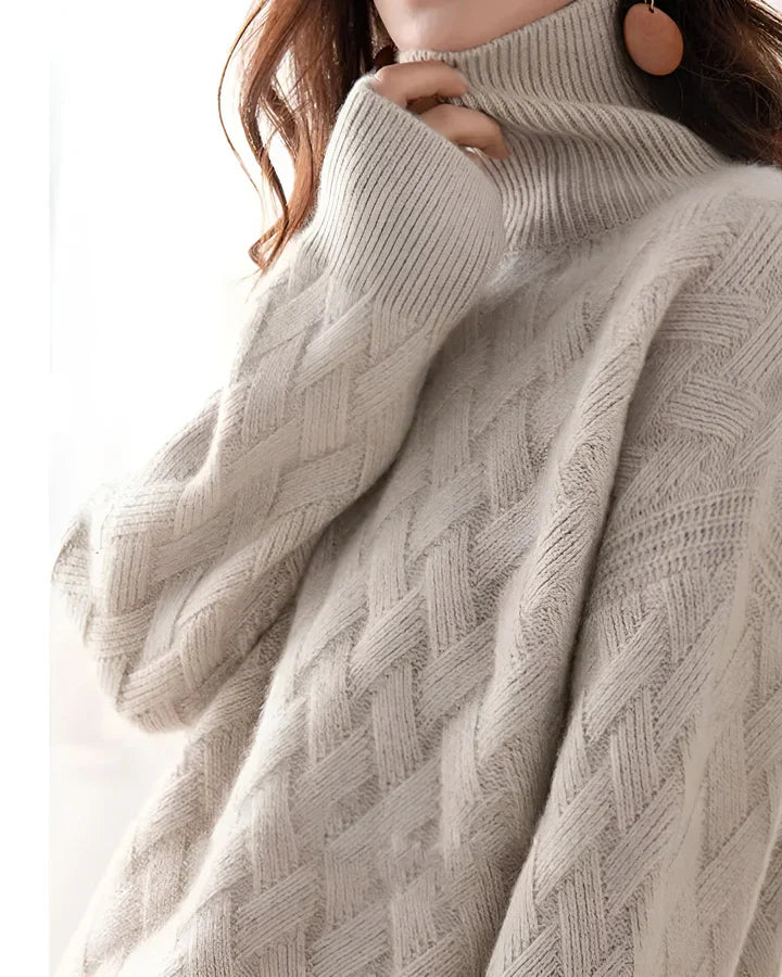 Women's Turtleneck Jumper with Cable Knit Texture and Long Sleeves