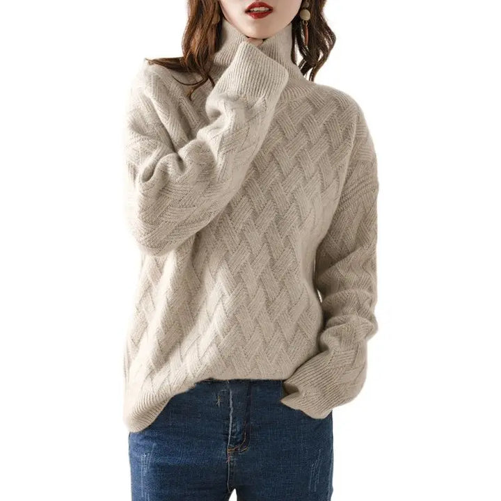 Women's Turtleneck Jumper with Cable Knit Texture and Long Sleeves