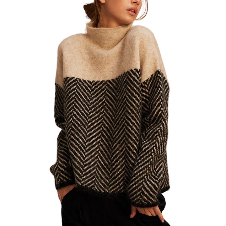 Women's Turtleneck Jumper with Chevron Pattern and Long Sleeves